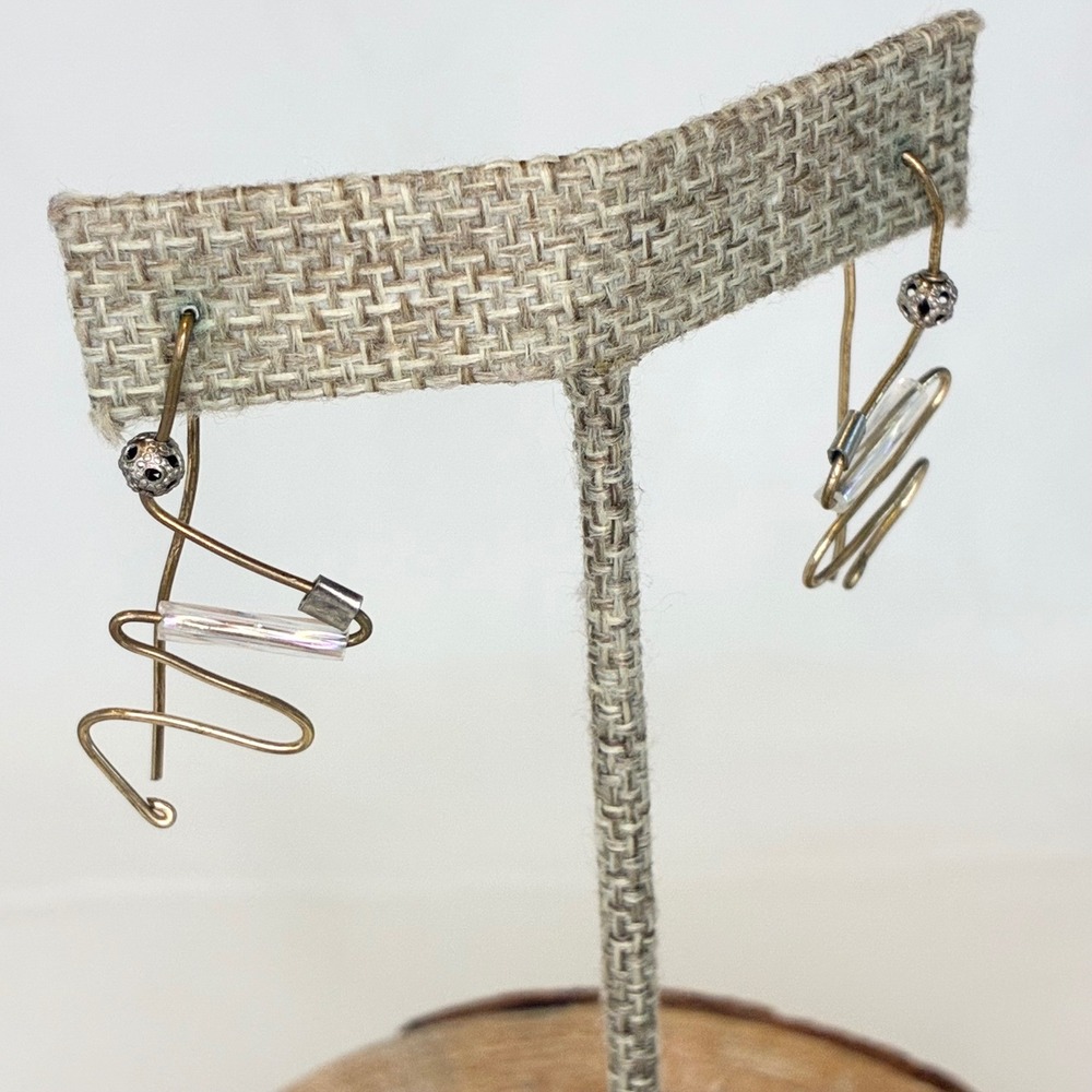 Vintage Earrings Abstract Zig Zag Wire Gold Tone Glass Bead Artisan Modernist - Picture 9 of 11